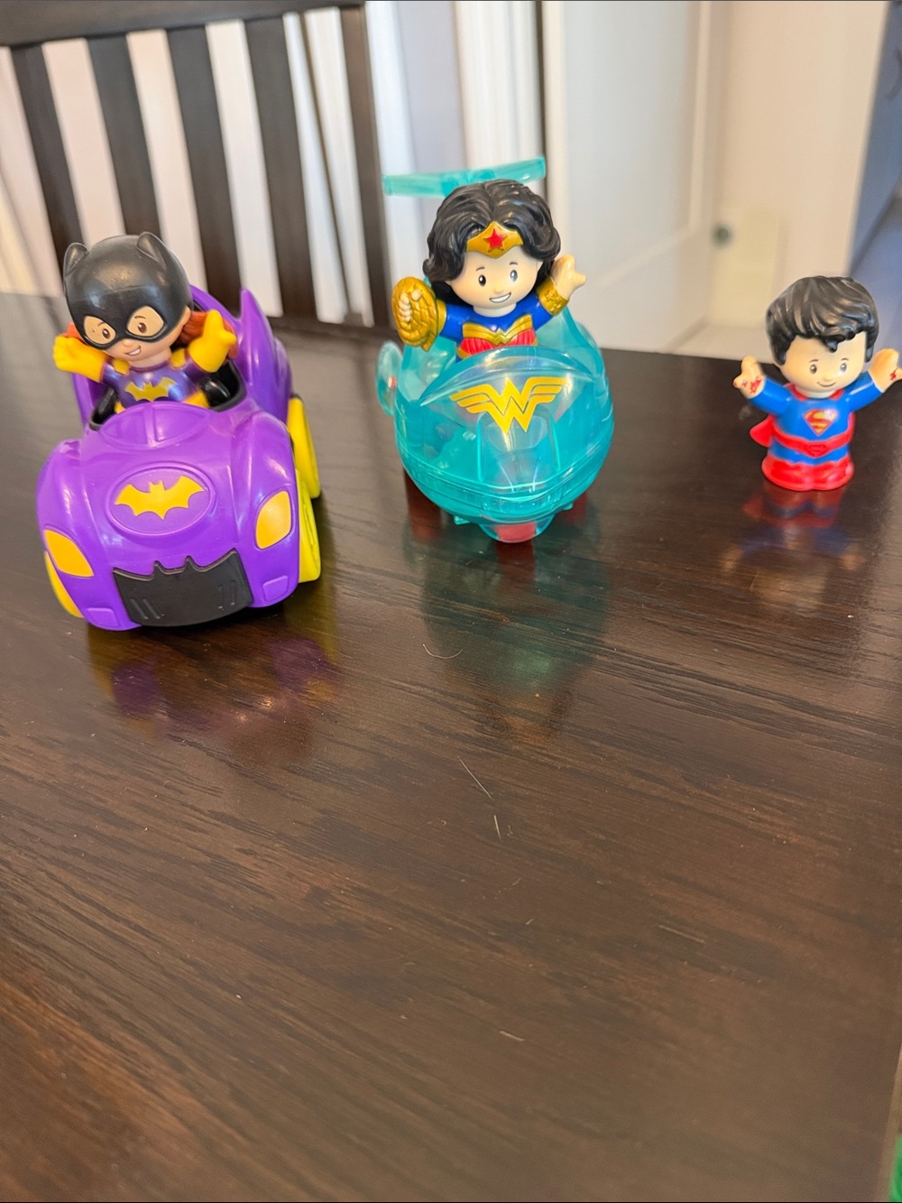 Little People Superhero Toy Set with Purple Batmobile and Teal Wonder